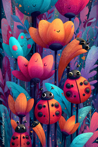 The cartoon ladybugs evoke a feeling of happiness, and the floral atmosphere is refreshing.