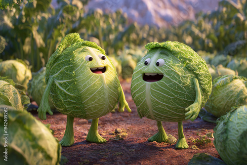 The cabbage characters are in a good mood and standing in a vegetable patch, representing good health.