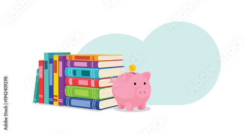 Education savings concept featuring a stack of colorful books and a pink piggy bank with a gold coin representing university funding.