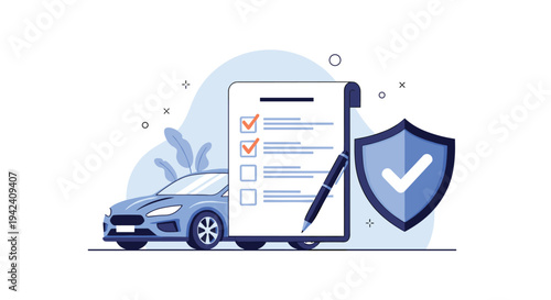 Car insurance policy checklist on a clipboard with a blue shield and a car representing vehicle protection and automotive compliance.