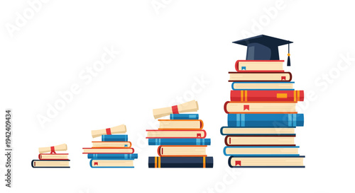 Four stacks of books with diploma scrolls on top and a graduation cap on the tallest pile representing steps to academic achievement.