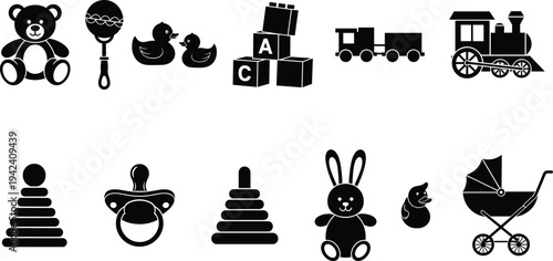 Children toys silhouettes, baby accessories icons, teddy bear, rattle, rubber duck, alphabet blocks, toy train, stroller, pacifier, bunny stuffed toy