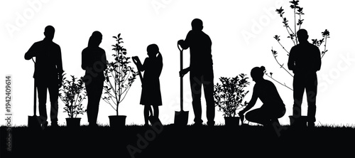 Gardening silhouettes, people planting trees, community garden teamwork, eco friendly lifestyle, nature care, outdoor activity, environment conservation, sustainable living, teamwork icons