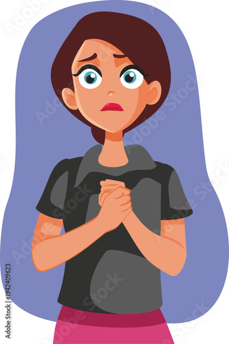 Young Worried Woman Character Clasping Hands In A Pleading Gesture.  Person begging for forgiveness feeling guilty and apologizing 