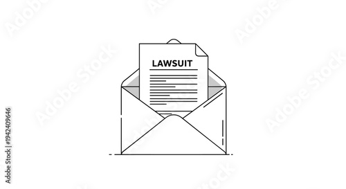 Legal document with lawsuit text inside a white open envelope represented in a simple line art style for court proceedings and law.
