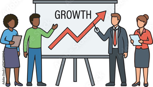 Diverse business team collaborating on a strategy for company growth, analyzing market trends and presenting successful development plans