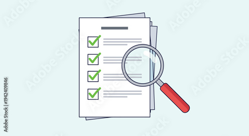 Magnifying glass over a stack of documents with a checklist and green checkmarks representing business auditing and quality inspection.