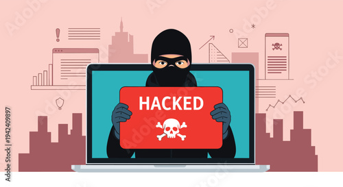Cyber security breach concept showing a hacker holding a hacked sign on a laptop screen against a dark red city skyline background.