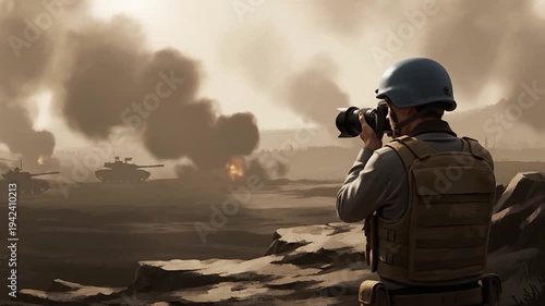 Dedicated Journalist Capturing Intense Battlefield Action Amidst Explosions and Military Vehicles, Documenting the Realities of Conflict and Peril