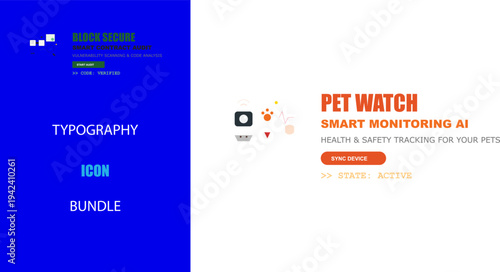Modern UI UX design elements: blockchain security, smart contracts, AI pet monitoring, digital technology illustration.