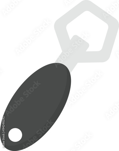 A clean, flat vector illustration of a classic handheld bottle opener. The design features a light gray metallic head and a dark gray, rounded ergonomic handle with a hanging hole at the base.