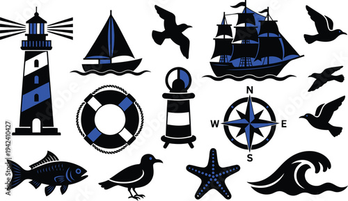 Set of 13 nautical icons vector, blue and black