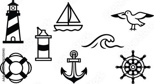 Set of 7 nautical icons vector, black and white