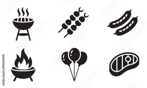 A collection of six diverse black silhouette icons representing food and party elements including a barbecue grill skewers sausages balloons a steak and an open fire pit