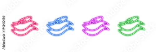 Neon glowing  feather and paper vector icons set, depicting content creation, legal documents, education, and creative writing, vector illustration