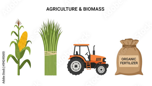 Agriculture and Biomass Icon Set: Corn Stalk, Switchgrass Bundle, Farm Tractor and Organic Fertilizer Bag, Sustainable Bioenergy Vector Line Art