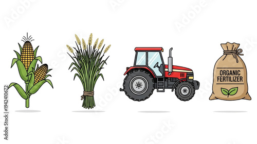 Agriculture and Biomass Icon Set: Corn Stalk, Switchgrass Bundle, Farm Tractor and Organic Fertilizer Bag, Sustainable Bioenergy Vector Line Art