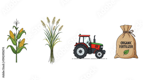 Agriculture and Biomass Icon Set: Corn Stalk, Switchgrass Bundle, Farm Tractor and Organic Fertilizer Bag, Sustainable Bioenergy Vector Line Art