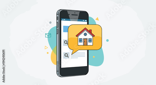 Real estate search concept on a smartphone showing a house icon in a speech bubble on a colorful background for property listings.