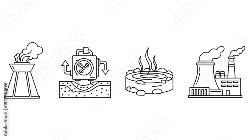Geothermal Energy Icon Set: Thermal Power Station, Underground Heat Pump, Steam Vent and Hot Spring, Sustainable Earth Power Vector Line Art Icons