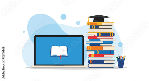 Online library and e-learning concept showing a laptop with an open book on screen and a stack of books with a graduation cap.