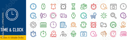 Collection of assorted clock and time-related icons in various colors on a white background displayed in a grid layout for design and creative projects