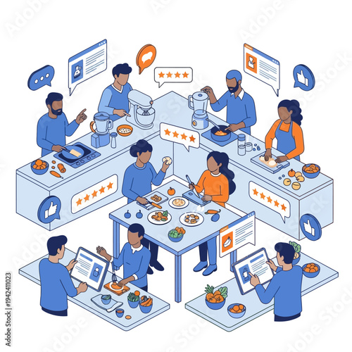 Diverse group of people cooking and reviewing food in a modern kitchen setting.