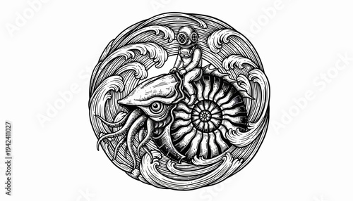 Diver riding a nautilus in a circular ocean wave design.