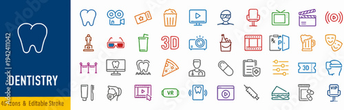 Dentistry icons collection featuring various medical tools and symbols on a white background viewed from a straightforward perspective