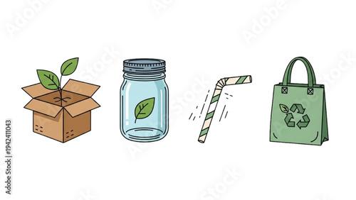 Eco Friendly Packaging Icon Set: Biodegradable Box, Reusable Tote Bag, Glass Jar and Paper Straw, Plastic Free Sustainable Shipping Vector Line Art