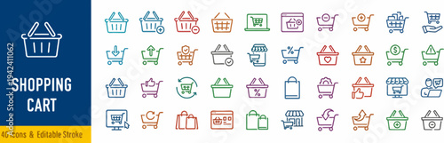 Collection of colorful icons representing shopping and e-commerce elements in a grid layout