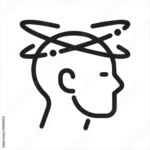Dizziness outline icon. Graphic pictogram of man with vertigo - symptom of migraines, high blood pressure, colds, flu, coronavirus, stress, weariness. Vector illustration isolated