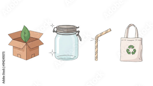 Eco Friendly Packaging Icon Set: Biodegradable Box, Reusable Tote Bag, Glass Jar and Paper Straw, Plastic Free Sustainable Shipping Vector Line Art