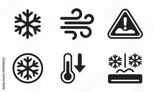 Collection of six black vector icons representing winter weather conditions and cold temperatures isolated on a white background