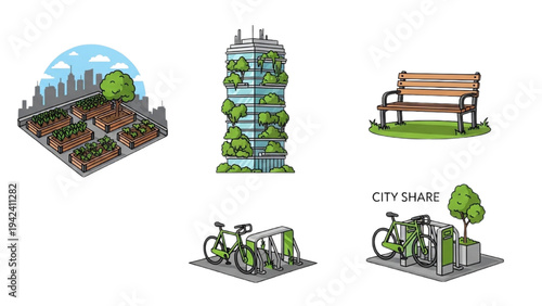 Urban Greening Icon Set: Rooftop Garden, Vertical Forest Building, City Bike Share Rack and Park Bench, Sustainable Smart City Vector Line Art Icons