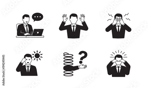 Collection of six simple graphic illustrations depicting various businessrelated emotions and actions of a businessman in a suit isolated on a transparent background