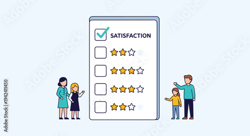 Customer satisfaction survey showing a large form with star ratings and checkmarks with a family of people representing market research.