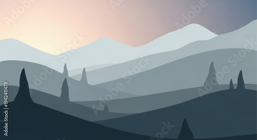 Stylized Mountain Landscape with Layered Hills and Sky.