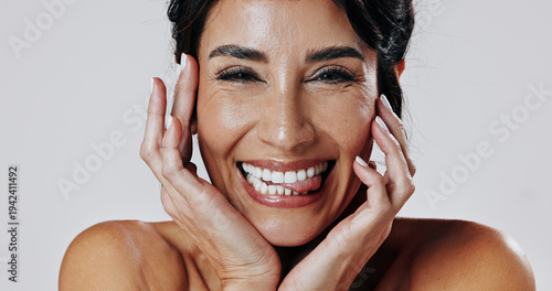 Tableau sur toile Beauty, portrait and smile of playful woman on studio space for antiaging cosmetics or dermatology