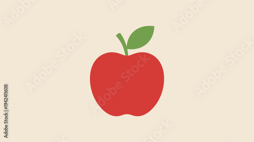 Simple red apple illustration with green leaf on beige background.