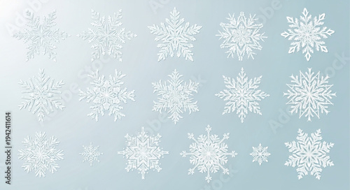Collection of Various White Snowflakes on Light Blue Background.