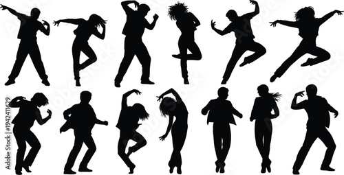 dancing people silhouettes set, energetic male female dancer poses collection, modern dance movement silhouettes, party dance performers isolated, choreography pose bundle vector illustration