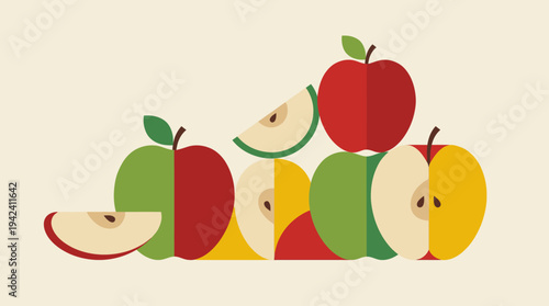 Colorful illustration of assorted apples and fruit slices.