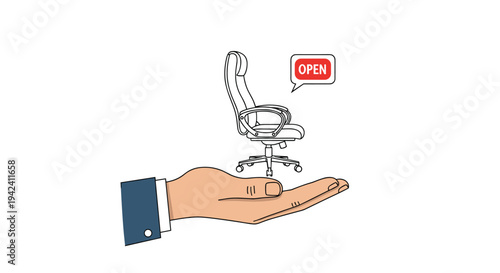 Human resources and recruitment concept showing a hand holding a vacant office chair with an open speech bubble for a new job opening.