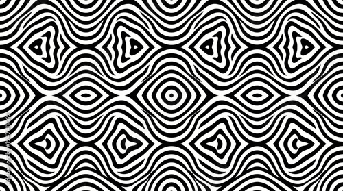 Black and white abstract geometric pattern with wavy lines and diamond shapes.