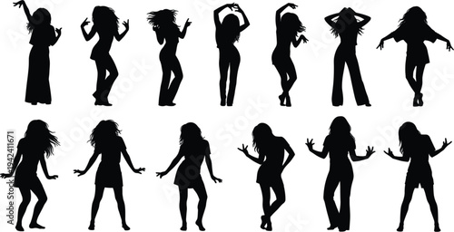 dancing women silhouettes collection, energetic female dancer poses set, modern dance movement silhouettes, stylish party dancer girls isolated, choreography pose bundle vector illustration