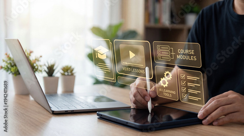 Ai online learning platform for digital education, student using tablet at home, intelligent elearning system with course assessment analytics certification and training for skill. New ai
