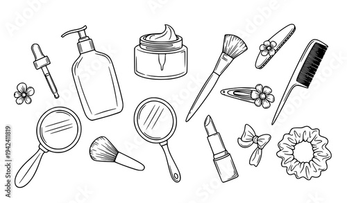 Cosmetic Beauty Tools Line Art Vector Illustration Makeup Accessories Outline Icons