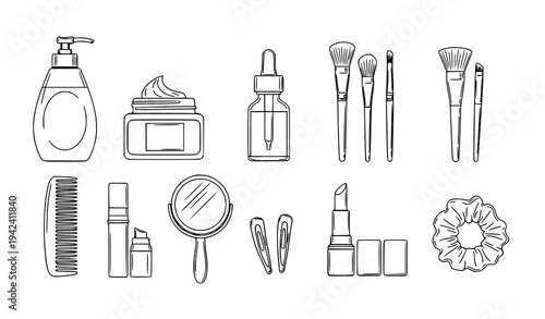 Beauty Accessories Line Art Vector Set Cosmetic Makeup Tools Outline Collection