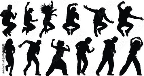 hip hop dancer silhouettes set, energetic street dance poses collection, urban male female dancers jumping and dancing, modern hiphop movement silhouettes isolated